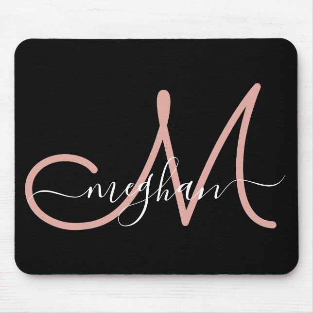 Mousepad Modern Black Pink Handwritten Name Monogrammed (Frente)