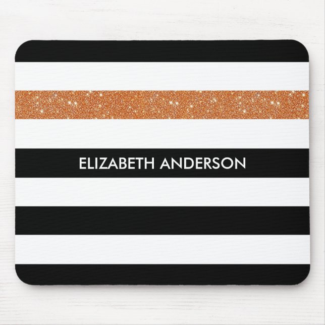 Mousepad Modern Black Stripes FAUX Orange Glitz e Nome (Frente)