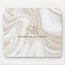 Mousepad Modern chic white marble gold glitter monogram