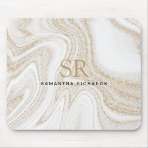 Mousepad Modern chic white marble gold glitter monogram
