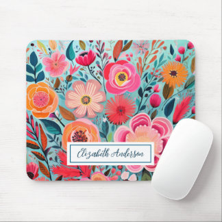 Mousepad Modern Colorful Pink Flowers Monogram