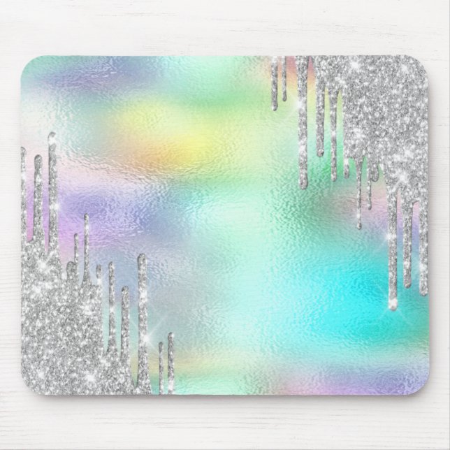 Mousepad Modern Glitter Silver Drips Holographic (Frente)