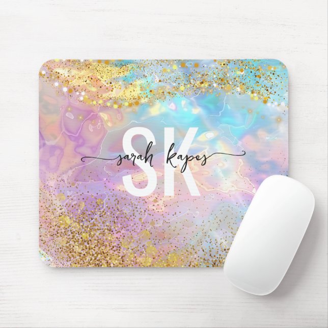 Mousepad Modern holographic opal stone iridescent monogram  (Com mouse)