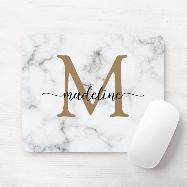 Mousepad Modern Marble Gold Girly Script Monogram (Com mouse)
