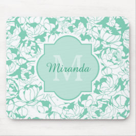 Mousepad Modern Mint Green Floral Girly Monograma Com Nome