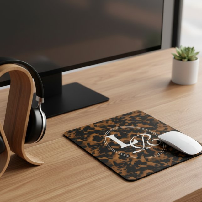 Mousepad Modern Monogram Tortoise Shell Print (Add a touch of chic charm to your desk with this Elegant Typography Monogram Tortoise Shell Design!)
