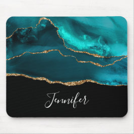 Mousepad Modern Stylish Teal Agate & Gold Ribbon on Black