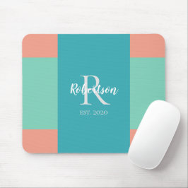 Mousepad Modern Teal, Blue, and Coral Pink Family Monogram