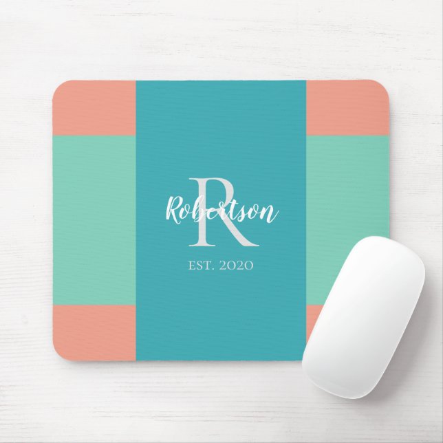 Mousepad Modern Teal, Blue, and Coral Pink Family Monogram (Com mouse)