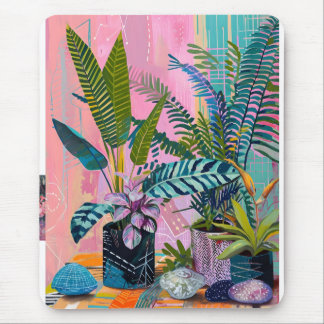 Mousepad Modern Tropical Plant Print – Pink and Green