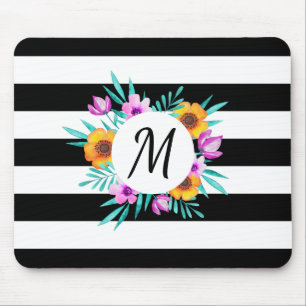 Mousepad Modern Watercolor Floral Black Stripes Monograma