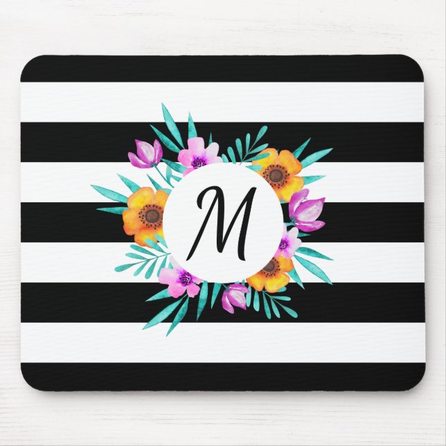 Mousepad Modern Watercolor Floral Black Stripes Monograma (Frente)