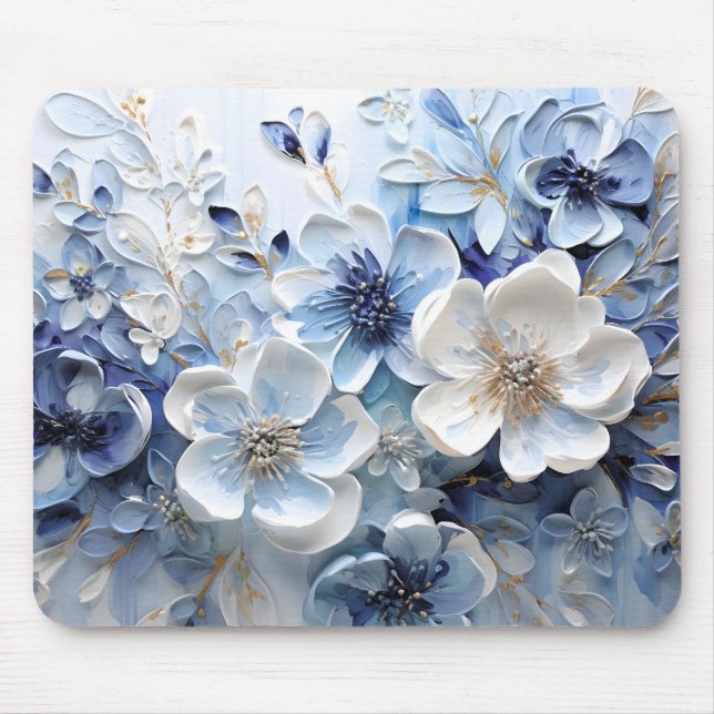 Mousepad Moderno Botânico Floral Azul Branco Elegante (Frente)