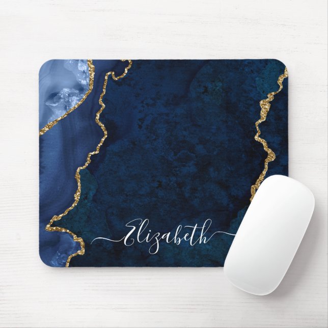 Mousepad Moderno Elegante Marble Blue Geode Dourado (Com mouse)