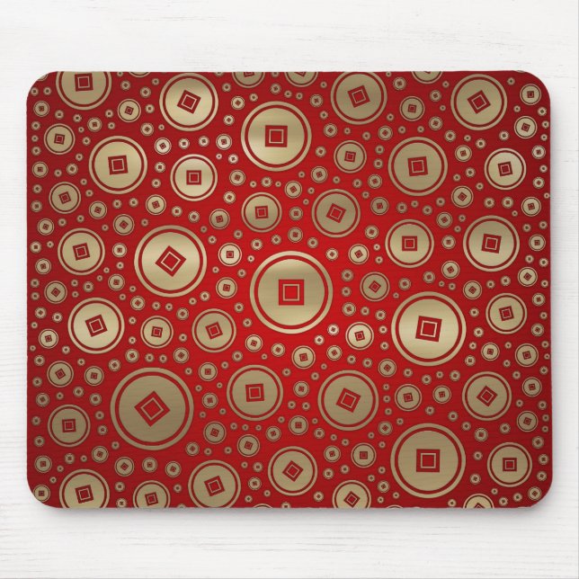 Mousepad Moedas chinesas Douradas e sortudas, de cor vermel (Frente)
