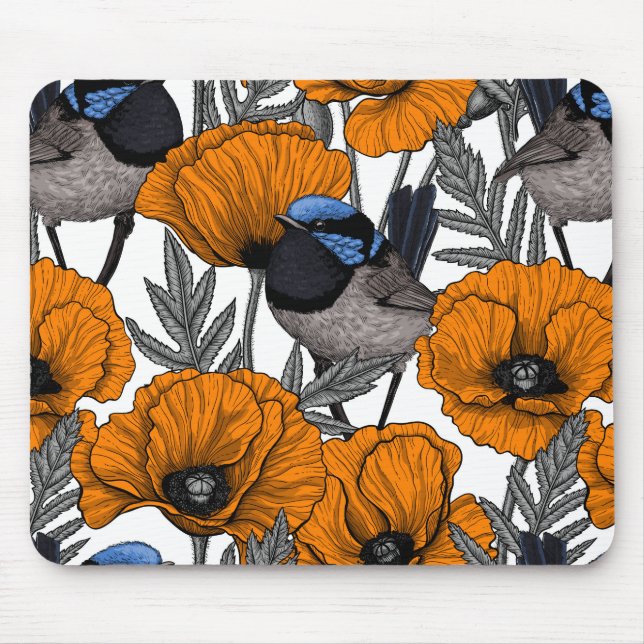 Mousepad Moinhos de fada e flores de papoila laranja 2 (Frente)