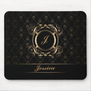 Mousepad Moldura Floral Preta e Dourada Monograma