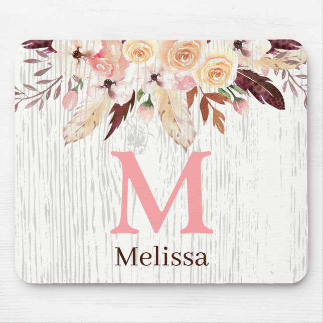 Mousepad Molercola aquosa monograma Floral em madeira branc (Frente)