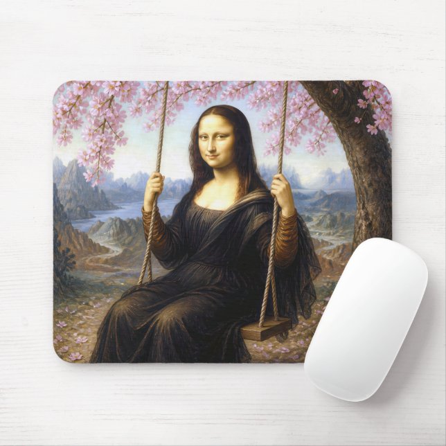 Mousepad Mona Lisa num Balanço sob Flores de Cerejeira (Com mouse)