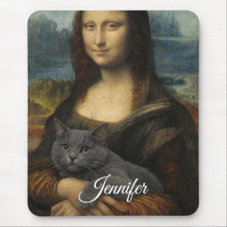 Mousepad Mona Lisa segurando um gato cinza elegante        