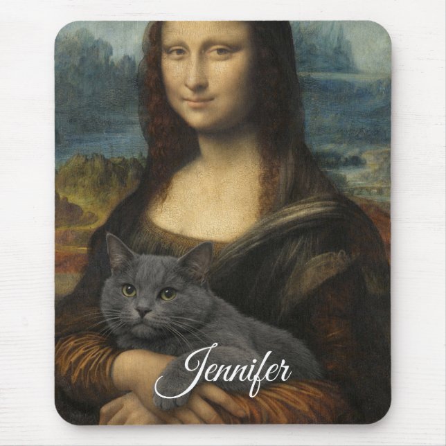 Mousepad Mona Lisa segurando um gato cinza elegante         (Frente)