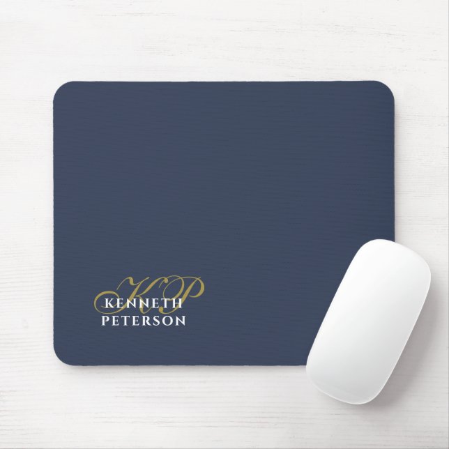 Mousepad Monogram Minimalist Dusty Navy Blue Gold White Man (Com mouse)