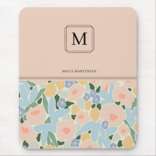 Mousepad Monogram Pastel Pink Light Blue Flower Pattern