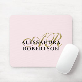 Mousepad Monogram Pastel Pink Stylish Gold Black Minimalist