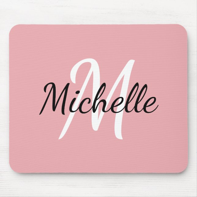 Mousepad Monogram Pastel Pink & White Add Your Name (Frente)