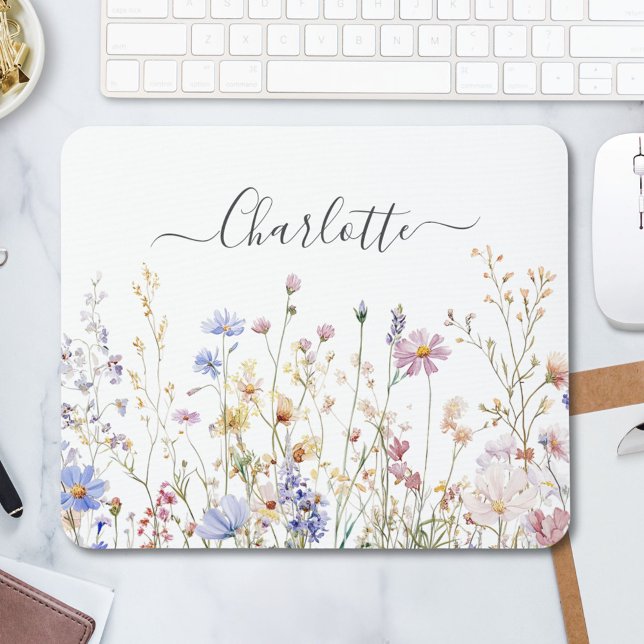 Mousepad Monogram Watercolor Rustic Pretty Wildflower Field (In situ)