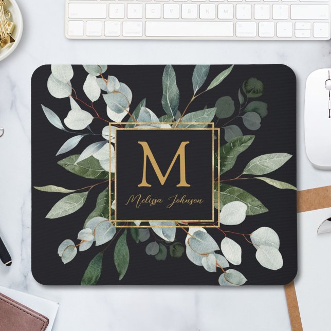 Mousepad Monogram Watercolor Tropical Green Leaves (In situ)