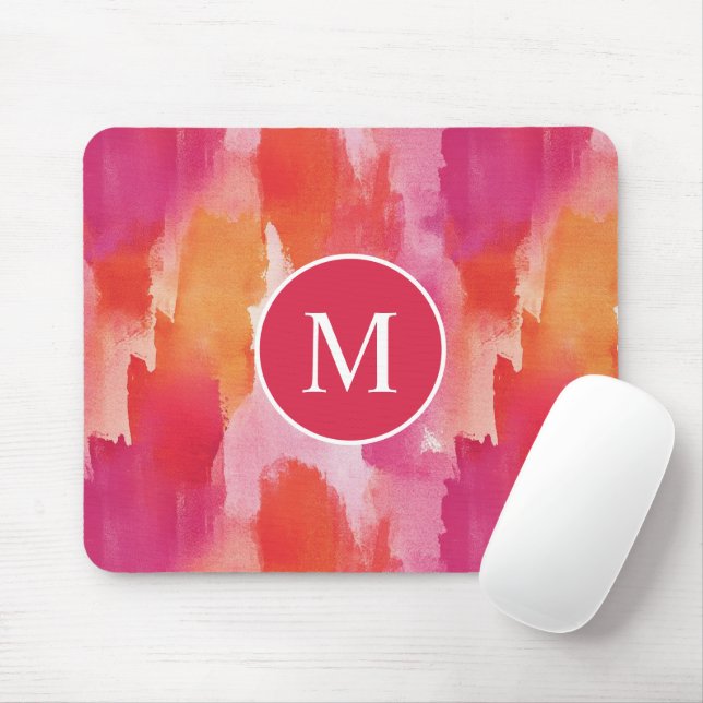 Mousepad Monograma Abstrato cor de laranja rosa cor de água (Com mouse)