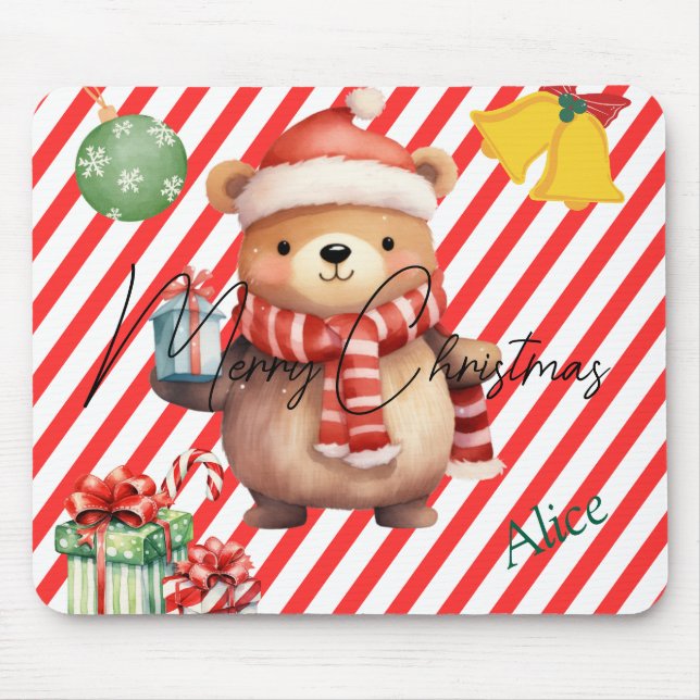 Mousepad Monograma Adorável Listras brancas vermelhas Ornam (Frente)