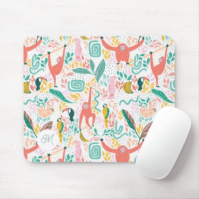 Mousepad Monograma Animais Coloridos Felizes da Selva (Com mouse)