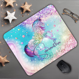 Mousepad Monograma aqua branco de unicórnio rosa brilhante