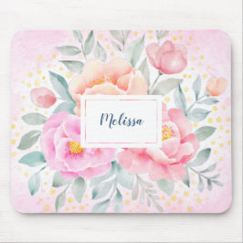 Mousepad Monograma Aquarelas Peonias Rosas Florais Rosa