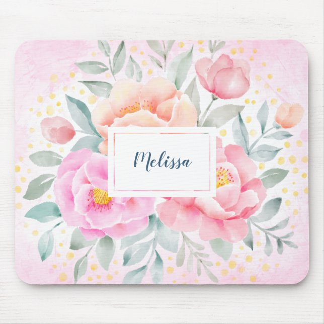 Mousepad Monograma Aquarelas Peonias Rosas Florais Rosa (Frente)