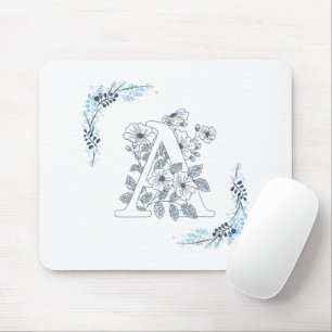 Mousepad Monograma Azul Calmo Floral Inicial "A"