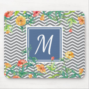 Mousepad Monograma azul chique floral alaranjado à moda de
