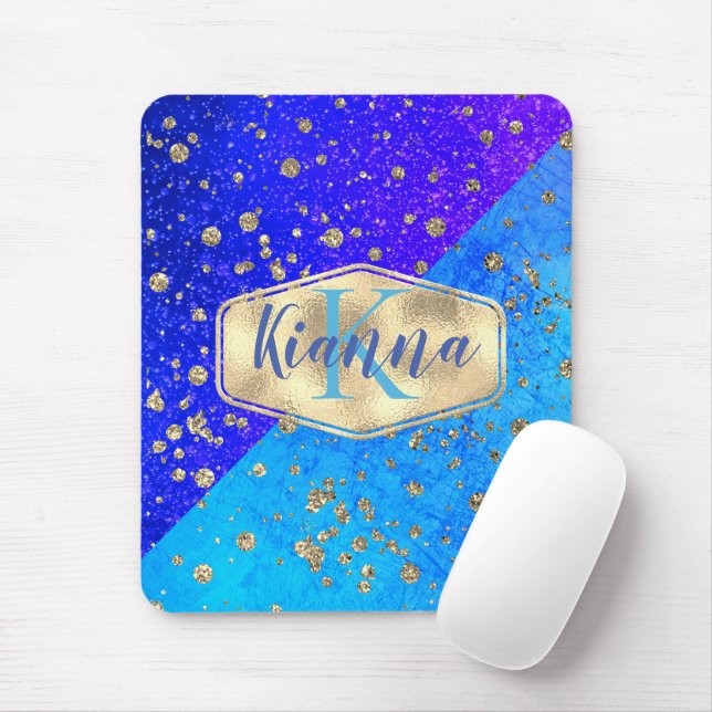 Mousepad Monograma Azul de Sonho com Glittery Personalizado (Com mouse)