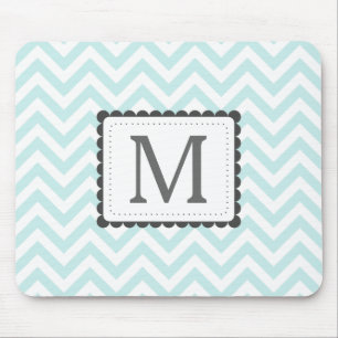 Mousepad Monograma azul e branco da hortelã de Chevron do