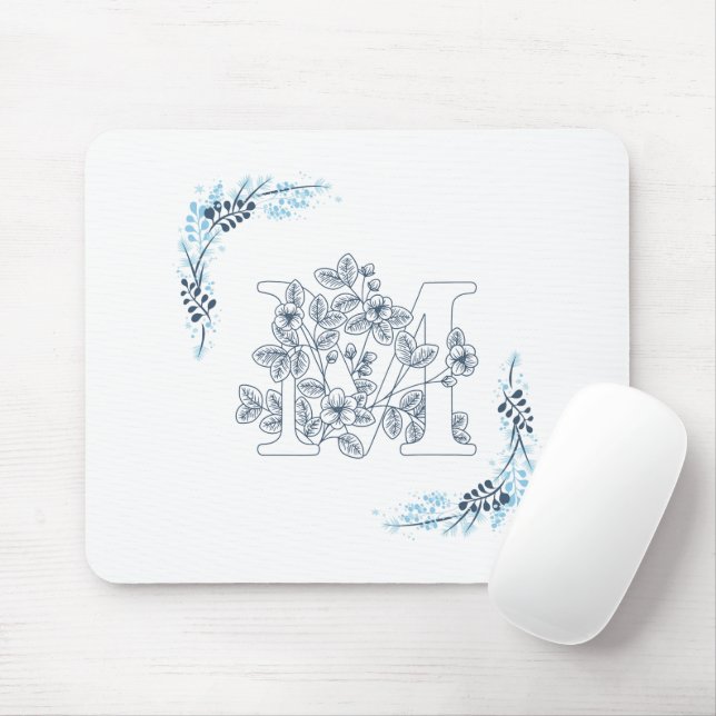 Mousepad Monograma Azul Floral (Com mouse)