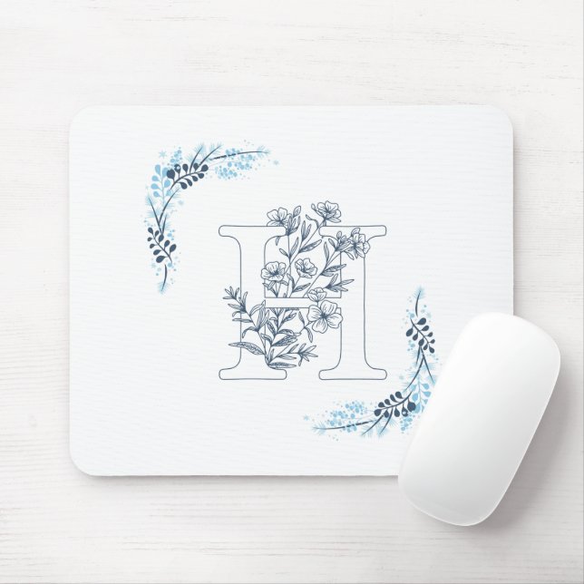 Mousepad Monograma azul inicial Calm Floral (Com mouse)