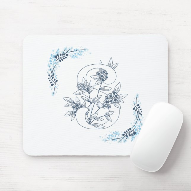 Mousepad Monograma Azul Inicial Calm Floral (Com mouse)