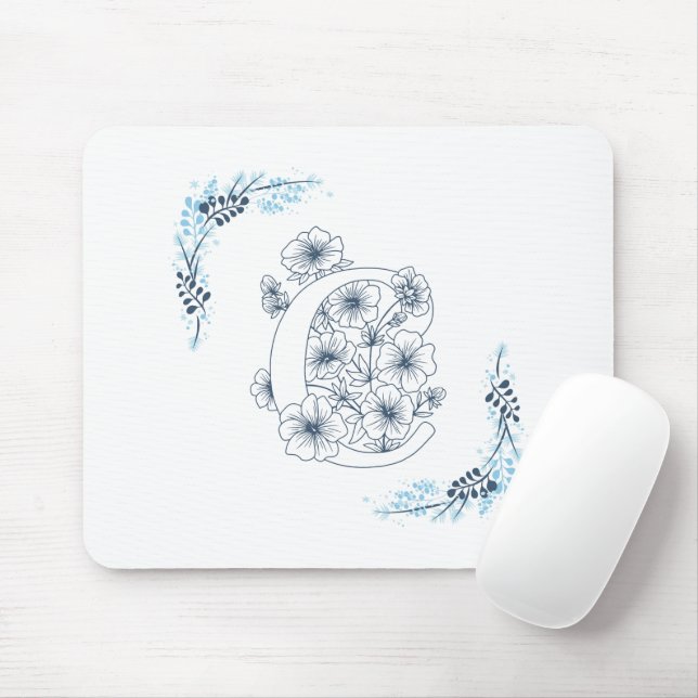 Mousepad Monograma azul inicial Calm Floral (Com mouse)