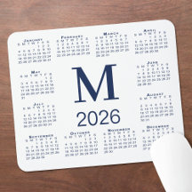 Monograma Azul Marinho Calendário 2026 em Branco