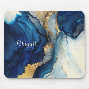 Mousepad Monograma Azul Marinho Dourado Ágata Mármore Aquar