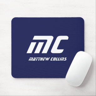 Mousepad Monograma Azul Moderno Minimalista Nome Branco Sim