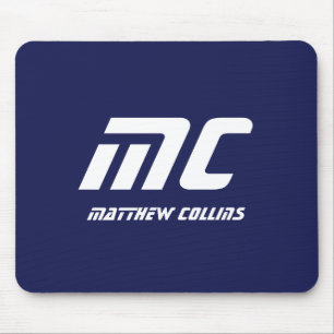 Mousepad Monograma Azul, Nome Moderno Minimalista Branco Si