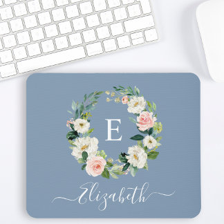 Mousepad Monograma Azul Poeira Floral Rosa Elegante Aquarel
